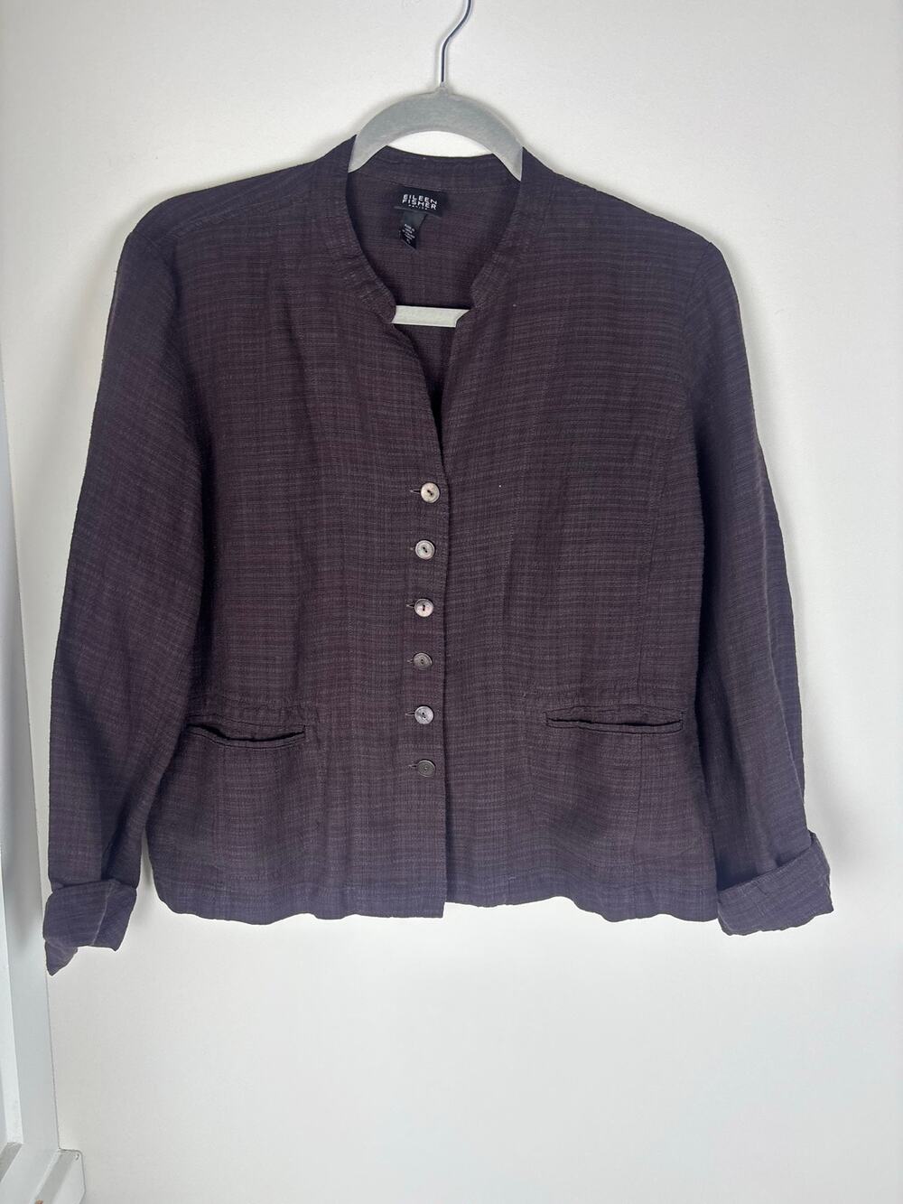 Eileen Fisher PL Petite Large Linen Blend Jacket Purple Button Front Textured